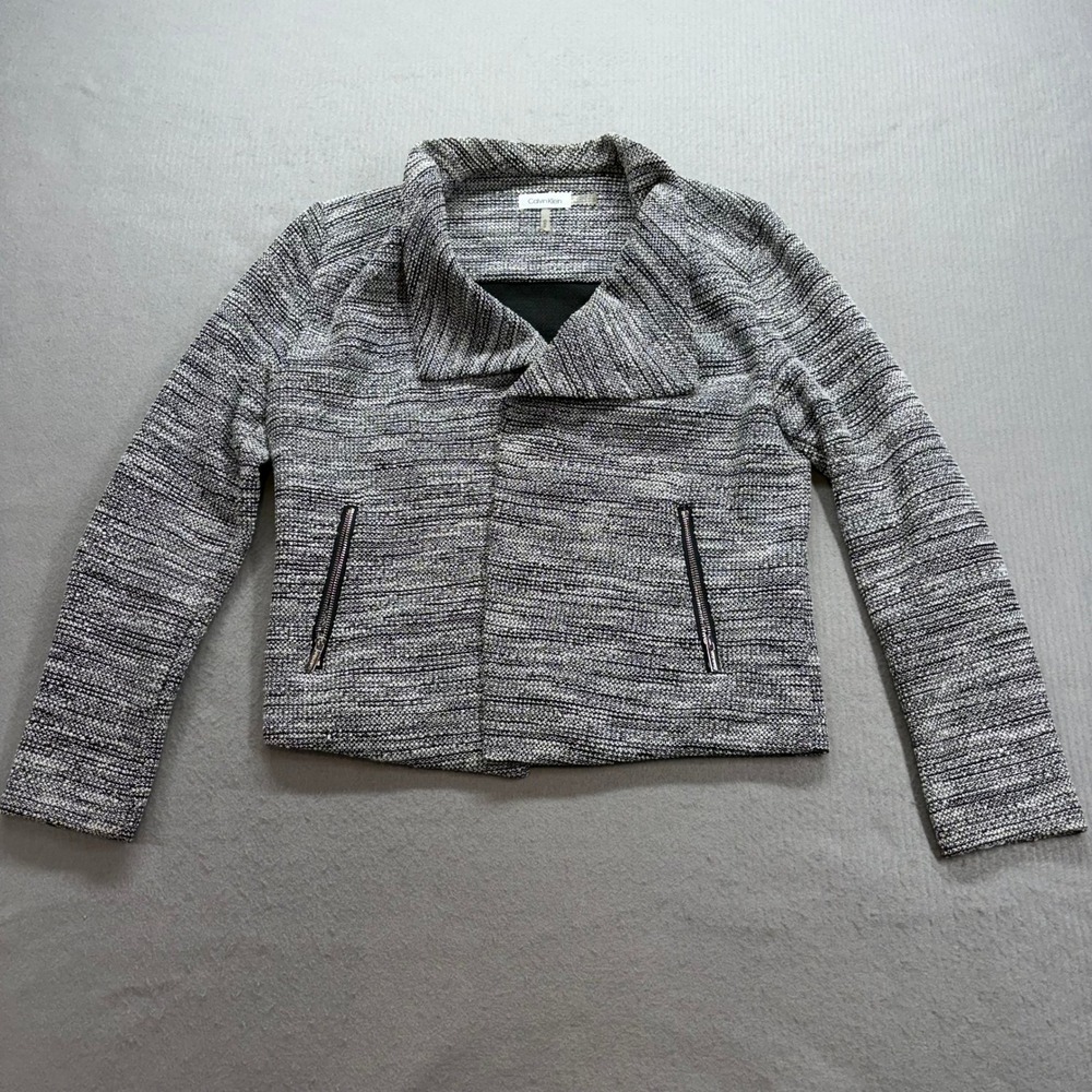 Calvin Klein Moto Jacket Womens Medium Black White Tweed‎ Zip Pocket M9NEV818